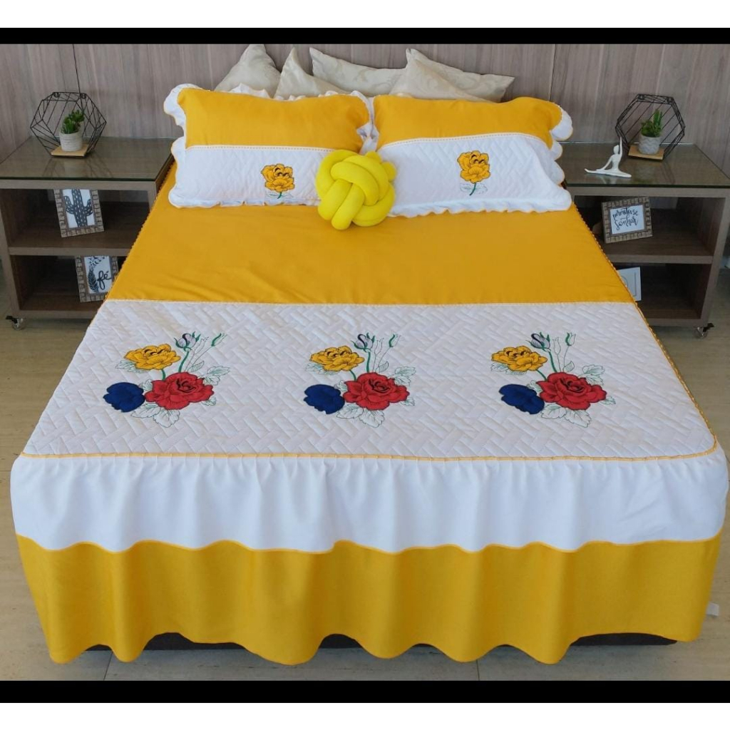 Colcha Casal Bordada Oxford Matelado Floral em Oferta na Shopee