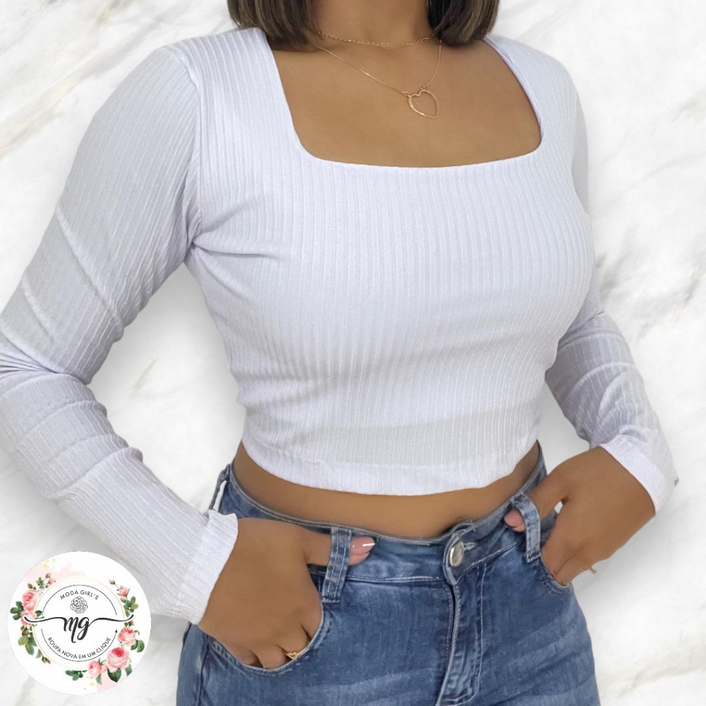 Cropped Manga Longa Canelado Blusa Feminina Decote Quadrado