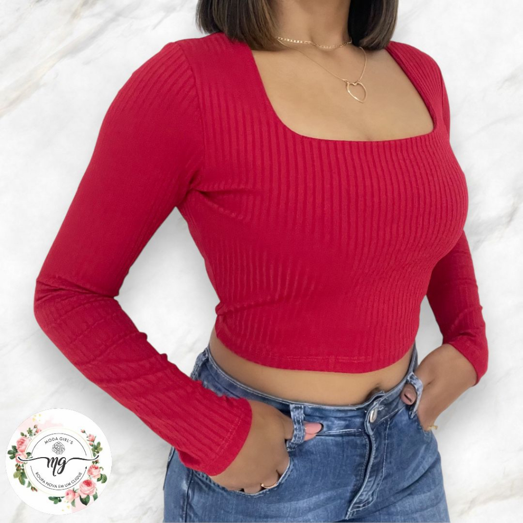 Blusa Feminina Decote Quadrado Cropped Manga Longa Canelado De Frio Inverno Básico