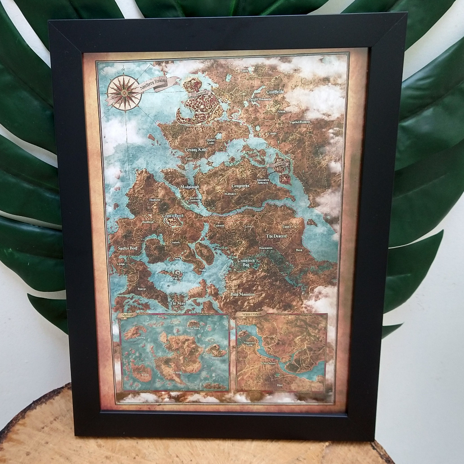 Quadro decorativo com moldura e vidro Mapa The Witcher 3 the wild Hunt Geralt pôster gamer geek