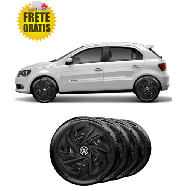 Jogo Kit 4 Carlota Aro 13/14 Preto Fosco Vw Gol G2 G3 G4 G5 G6 G7 G8 + Emblema Resinado