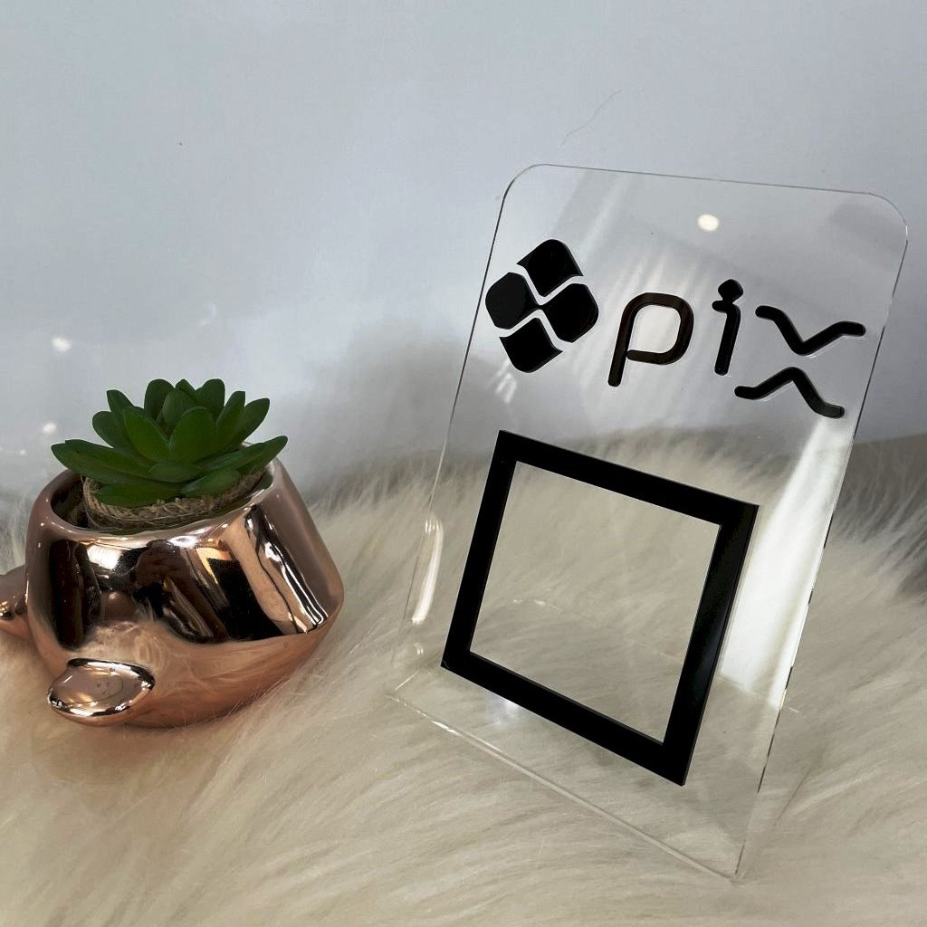 Placa Acrílica Expositora de QRCode de Pagamentos por Pix em Balcão e Vitrine