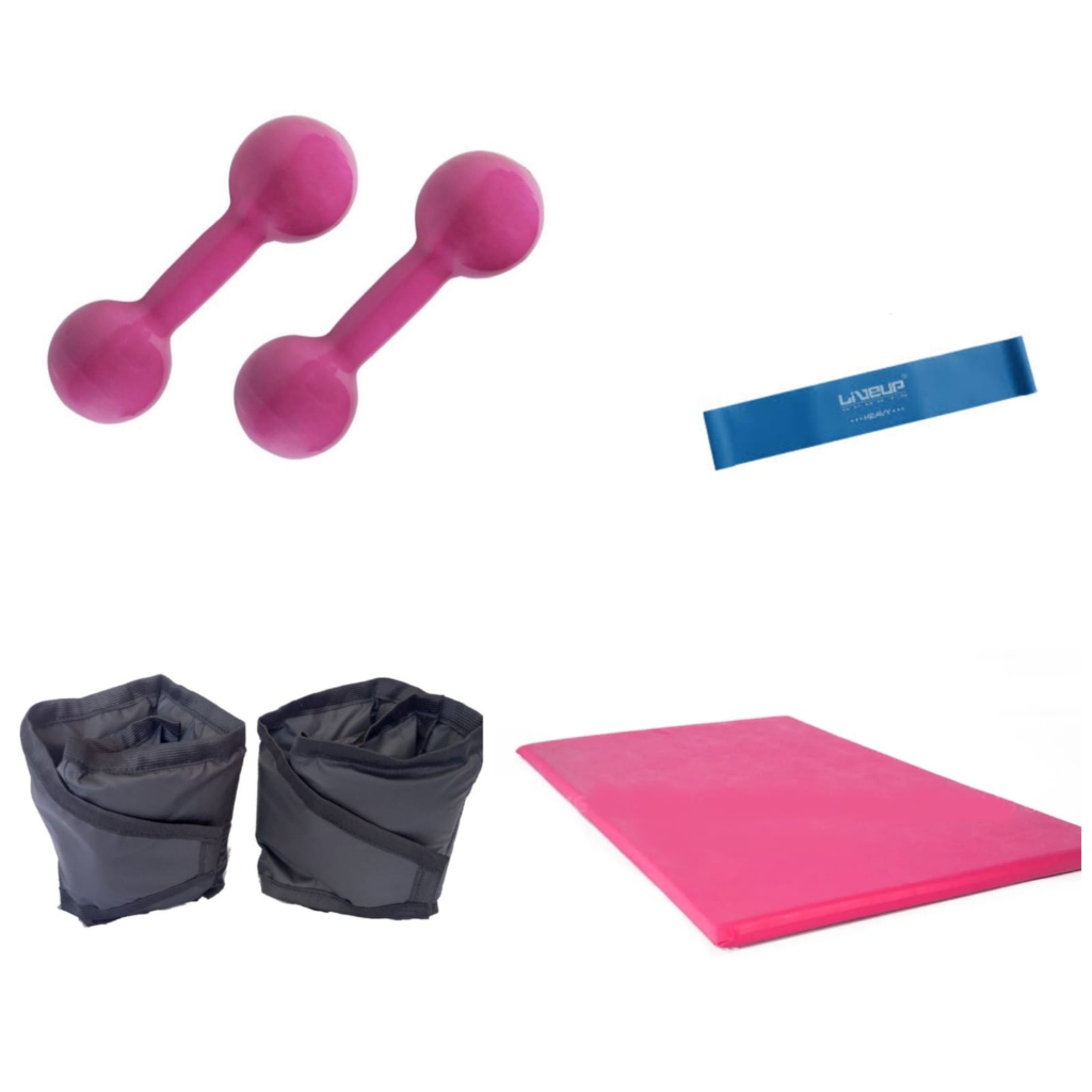 kit Treino Halter Emborrachado 3 kg + Tornozeleira 3 kg + Colchonete Rosa + Elástico Theraband