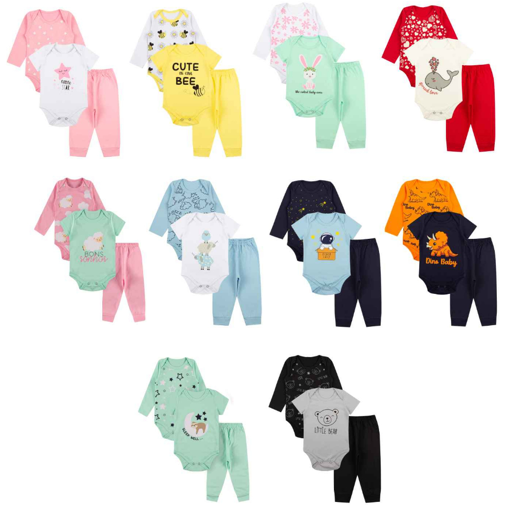 Roupa De Bebe 09 Peças Body Manga Longa e Curta e Calça Algodão Menino ou Menina