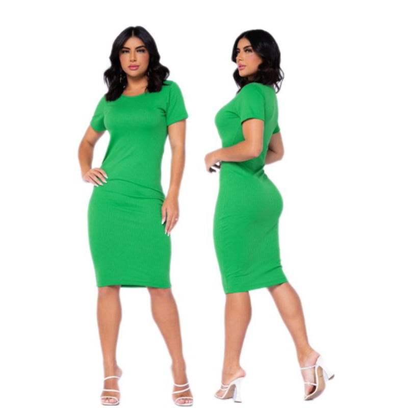 Vestido MIDI Manga Curta Canelado Perfeito em Oferta na Shopee