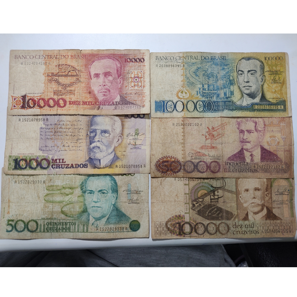 Escassas Cédulas SEM CARIMBO de alto valor  C-170, C-174, C-176, C-189, C-193, C-196 - Estado de Conservação UM TANTO GASTA (500,1000, 10000, 50000 e 100000 Cruzeiros e Cruzados)