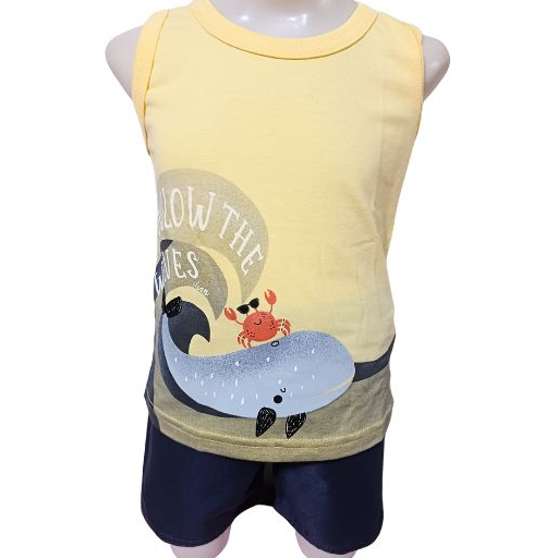 Conjunto Bebê  e Infantil Menino – Camiseta Regata Amarela Baleia e Bermuda Grafite - Elian