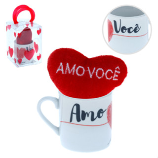 04 Mini Caneca de Cerâmica c/ Coração de Pelúcia escritos Amo Você em Oferta na Shopee