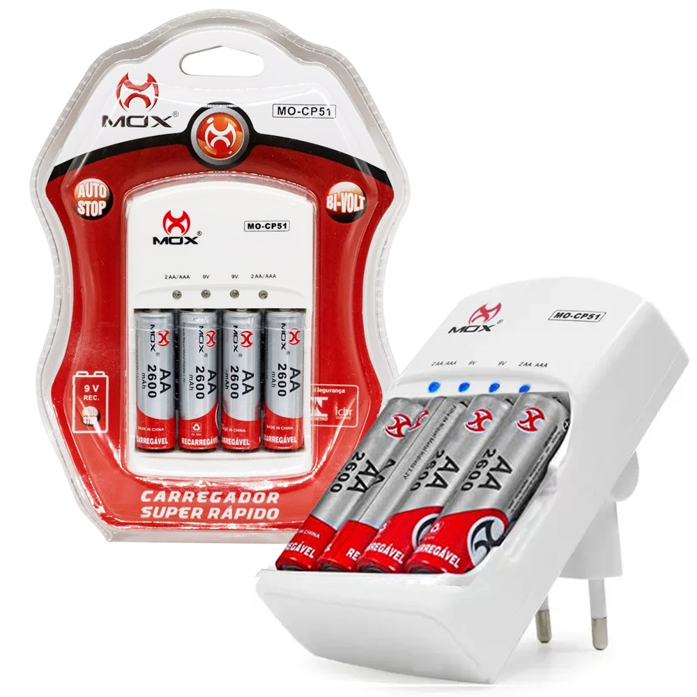 Carregador De Pilhas Rápido Bivolt + 4 Pilha AA Recarregável - Mox CP-51