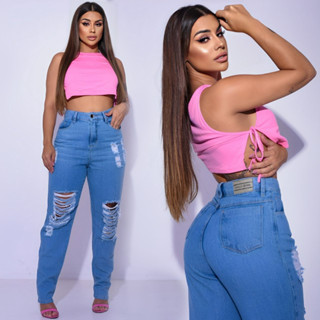 calça feminina jeans MOM wide algodão estilo boyfriend