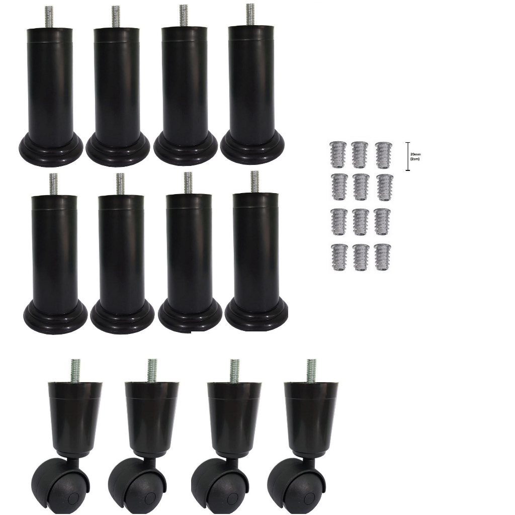 Kit 12 Pé Cama Box Preto Plástico 8 Fixo 4 Rodinha rodizio Rosca 5/16 + Bucha Americana