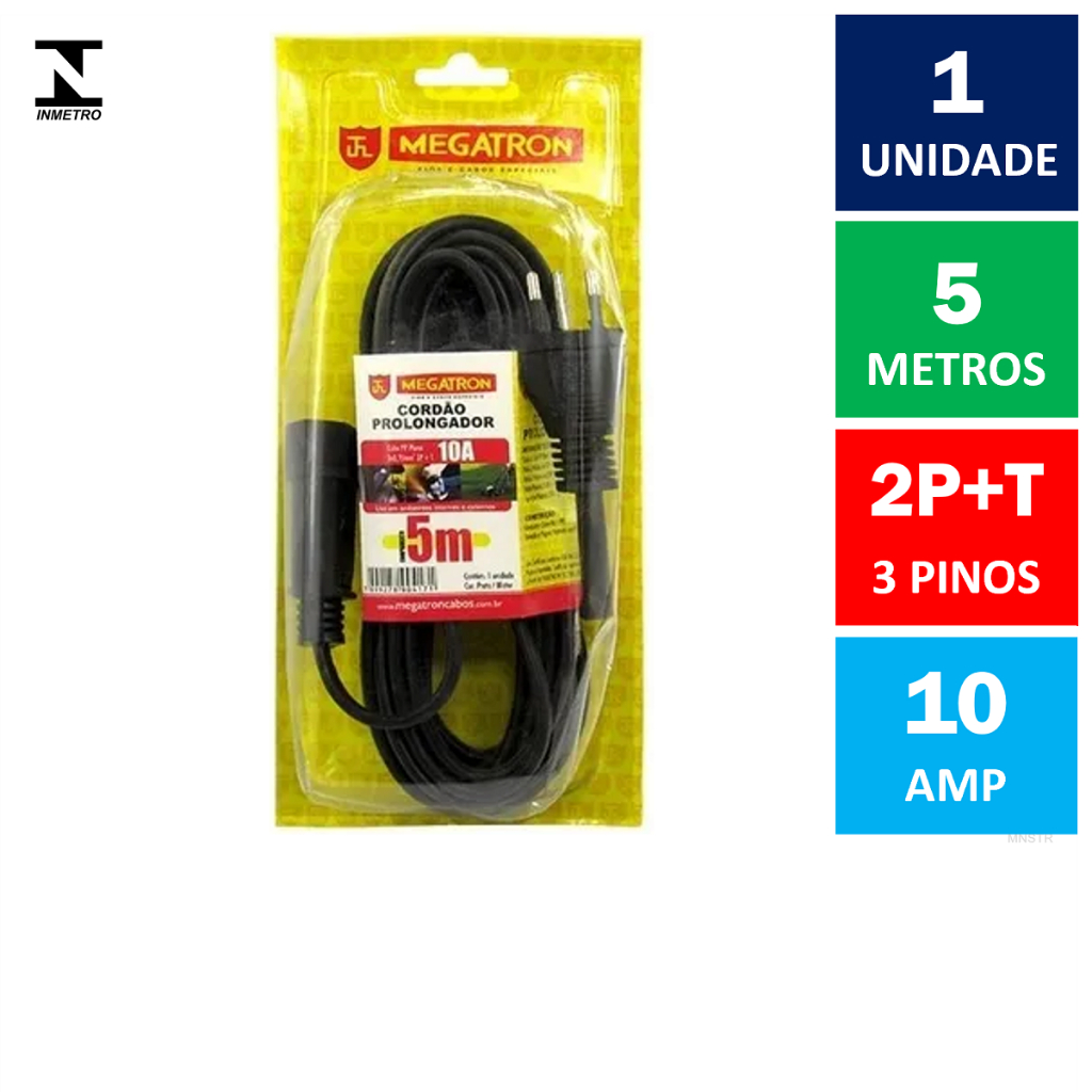 Extensão Elétrica Reforçada 3 Pinos 10A 5 Metros Preto Megatron ( Cordão Prolongador Tomada Simples 2P+T 10 Ampères )