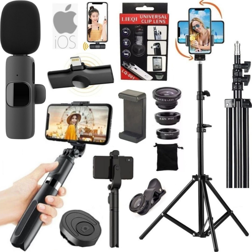 Kit Tripé Suporte De Celular 360 Microfone Lapela Sem Fio Profissional Acessórios Gravação