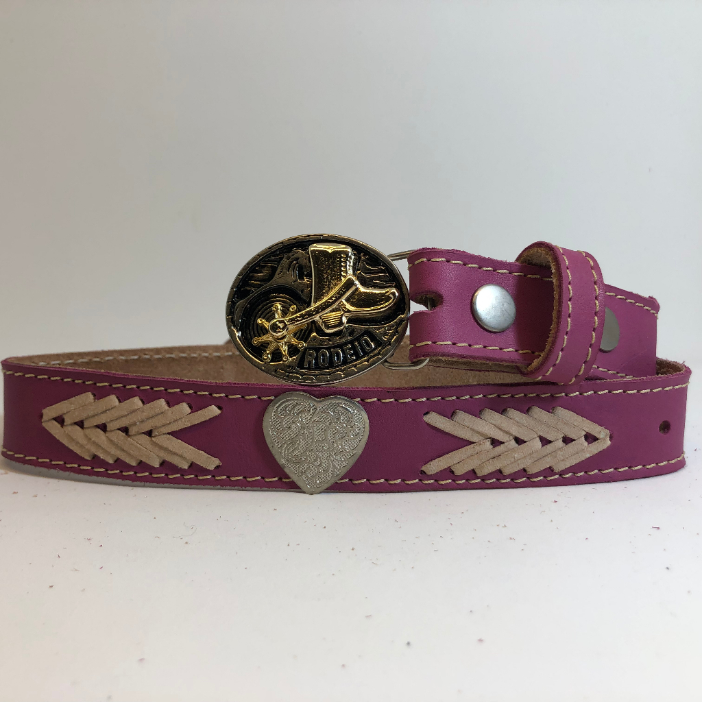 Cinto Country Infantil Feminino Rosa Couro Legítimo C/ Fivela Removível, Apliques e Flechas