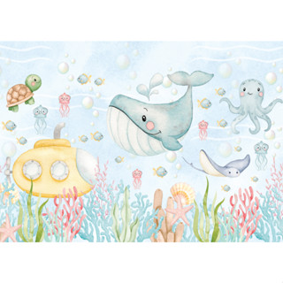 Painel Retangular 2,20 x 1,70 Fundo Do Mar Aquarela em Tecido Sublimado HD