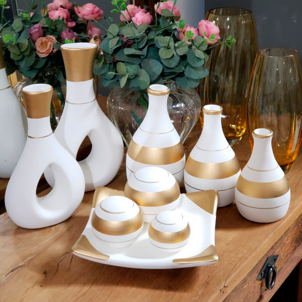 Centro De Mesa Sala Conjunto 9 Peças Jogo cerâmica Kit Trio Vasos decorados Ceramica Enfeite Decorativo enfeite rack