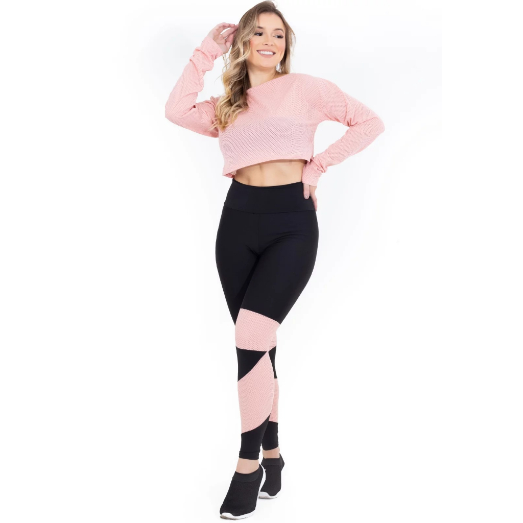 KIT 2 ConjuntoS Fitness Moda Academia Calça Legging Cintura Alta e Cropped Top Manga Longa