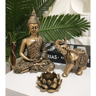 Trio Estátua De Buda Meditando Zen + Elefante Indiano + Castiçal Flor De Lotus Dourado Prata Kit Completo