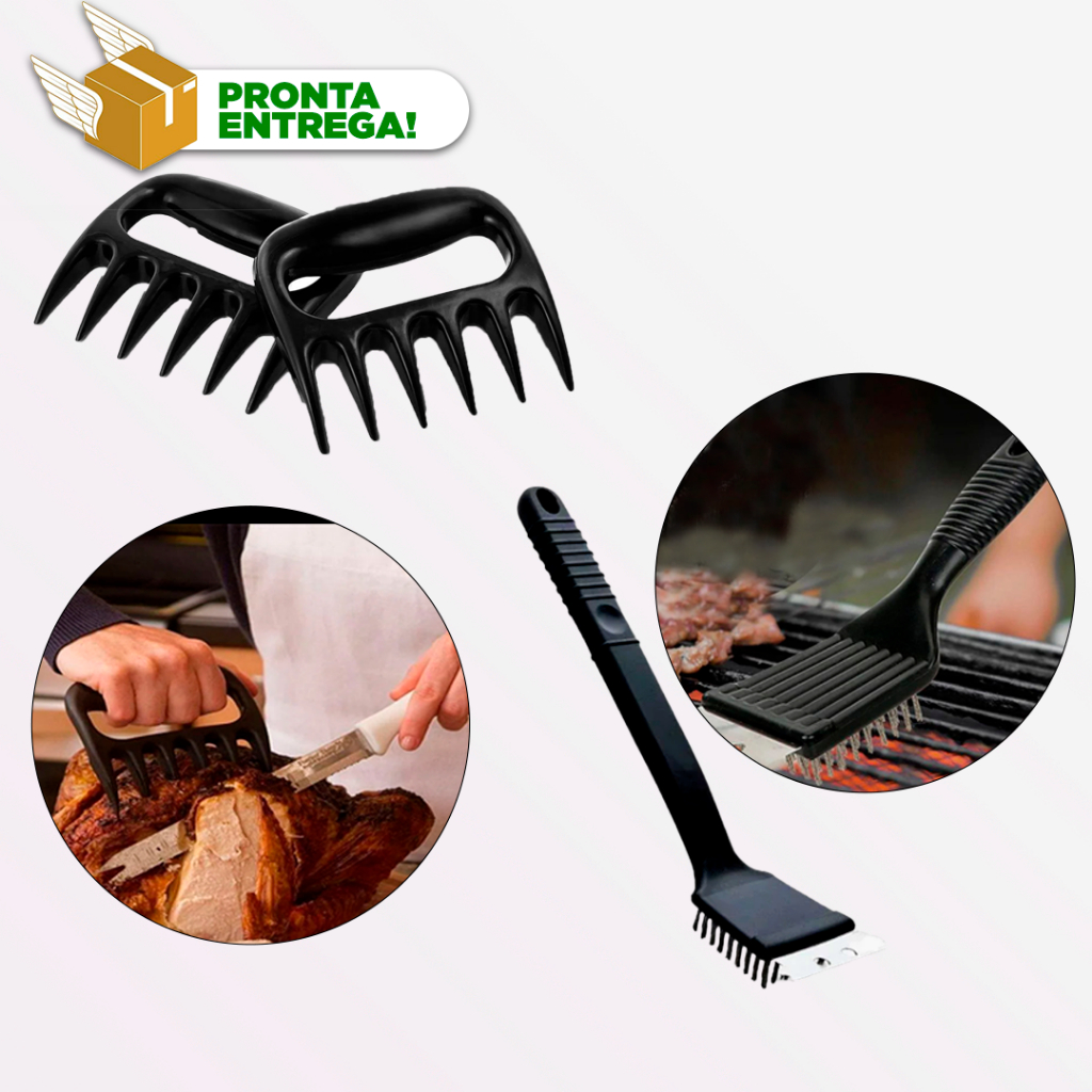 Churrasco Kit Com Dois Itens - Garras de Urso / Churrasqueiro + Escova Limpa Grelha e Churrasqueira Com Raspador em Aço Inox