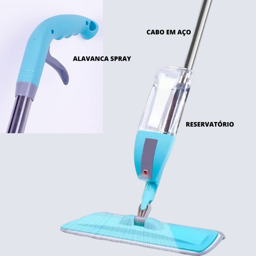 Mop Spray Rodo Magico Vassoura com Reservatório e Esfregão  Limpeza Fácil e Prática Profunda Mop Spray Aço inox, Plástico, Poliéster