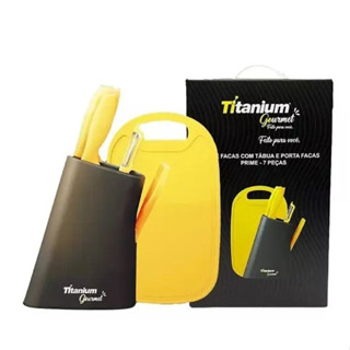 Kit Facas 7 peças com Tabua de Corte + Porta Facas - Titanium