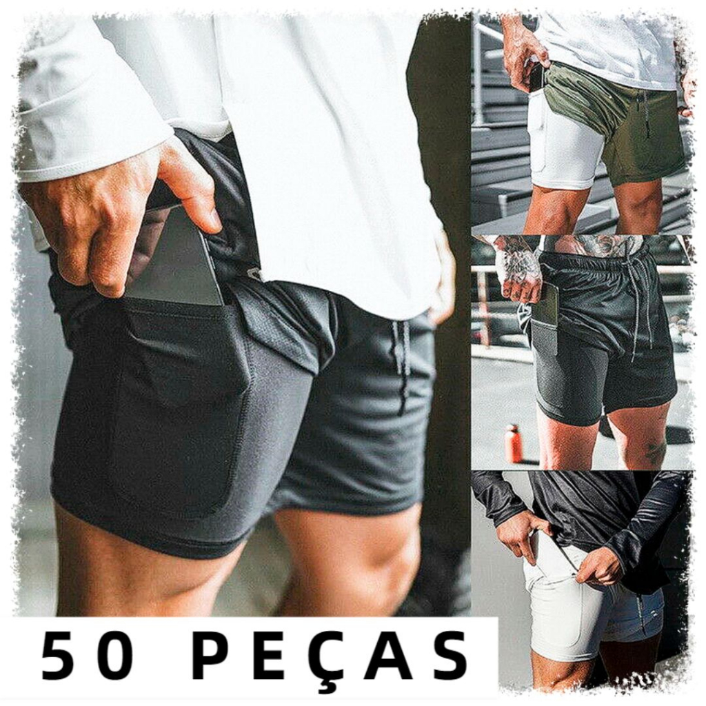 Kit Shorts 2 em 1 Forro Duplo Masculino 50 Peças