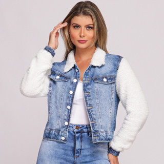Jaqueta Feminina Jeans Casaco Com Pelinhos Pelúcia De Inverno Parka Premium 100% Algodão