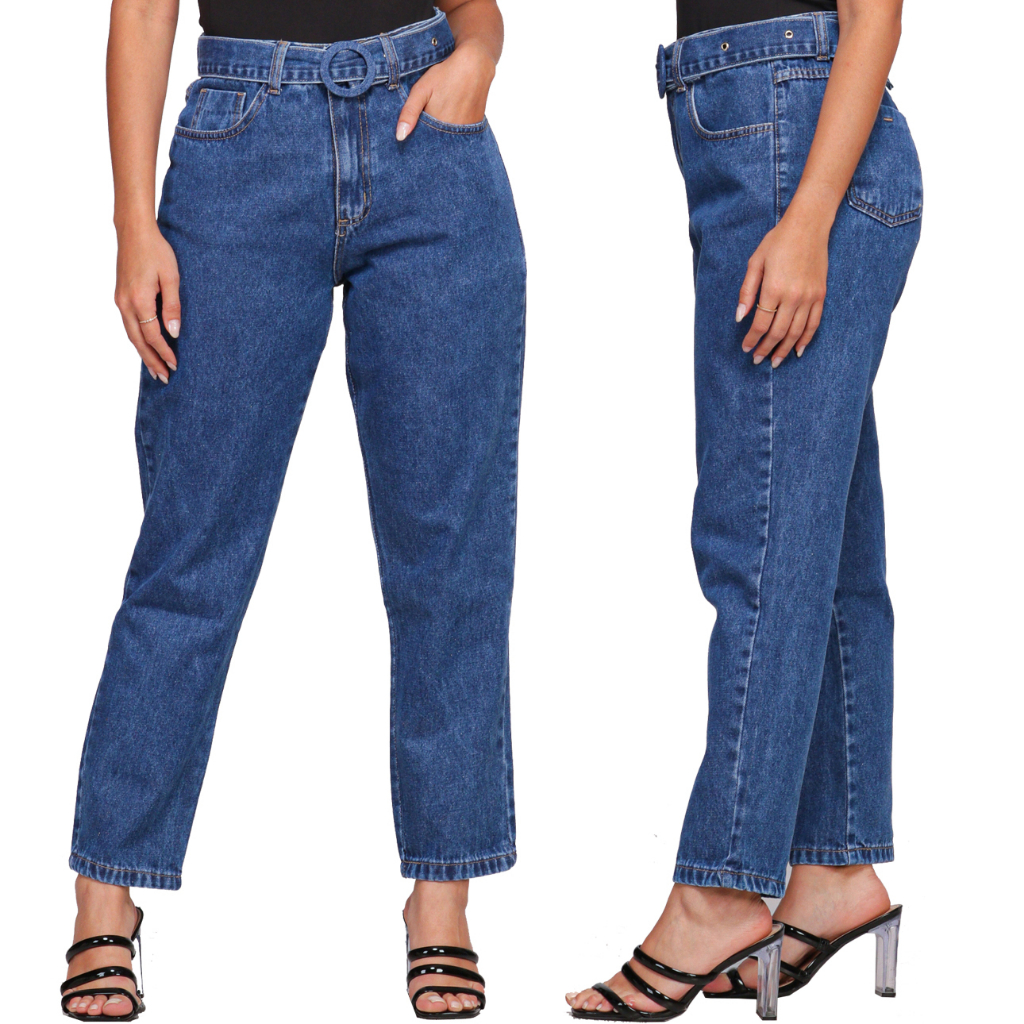 Calça Mom Jeans Feminina Com Cinto E Fivela Encapada Levanta Bumbum Cintura Alta Sem Lycra Lavagem Escura