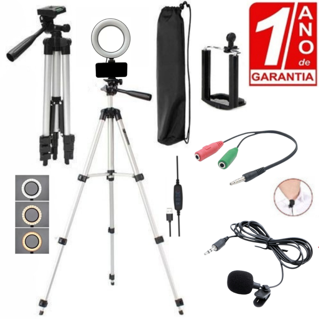 Kit Youtuber Podcast Live Ring Light com Suporte para Celular + Microfone de Lapela