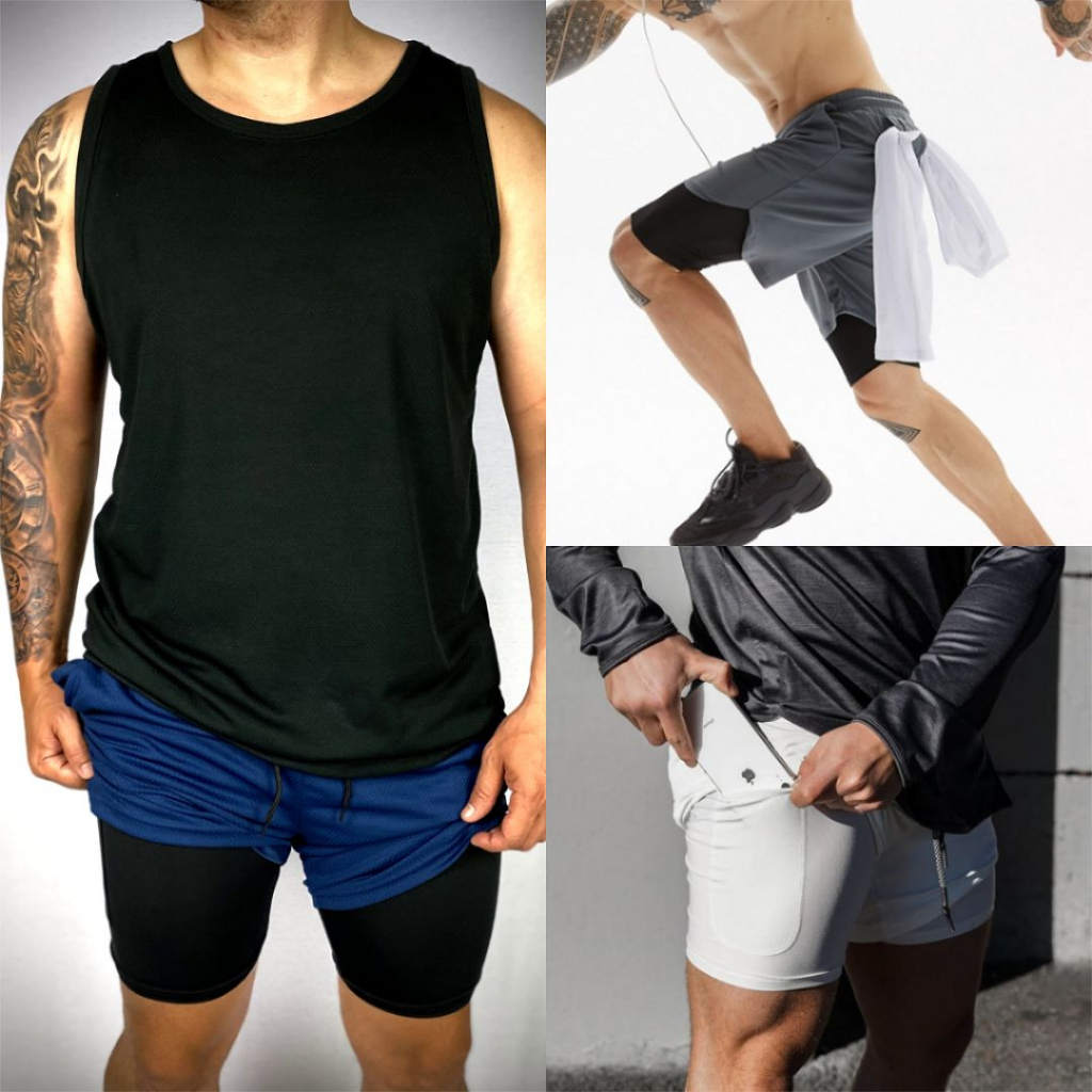 Kit Shorts Masculino 2 em 1 Primefit Forro Duplo 6 Unidades