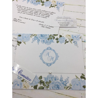 Promoção! 100 convites para casamento floral azul bebê em Oferta na Shopee