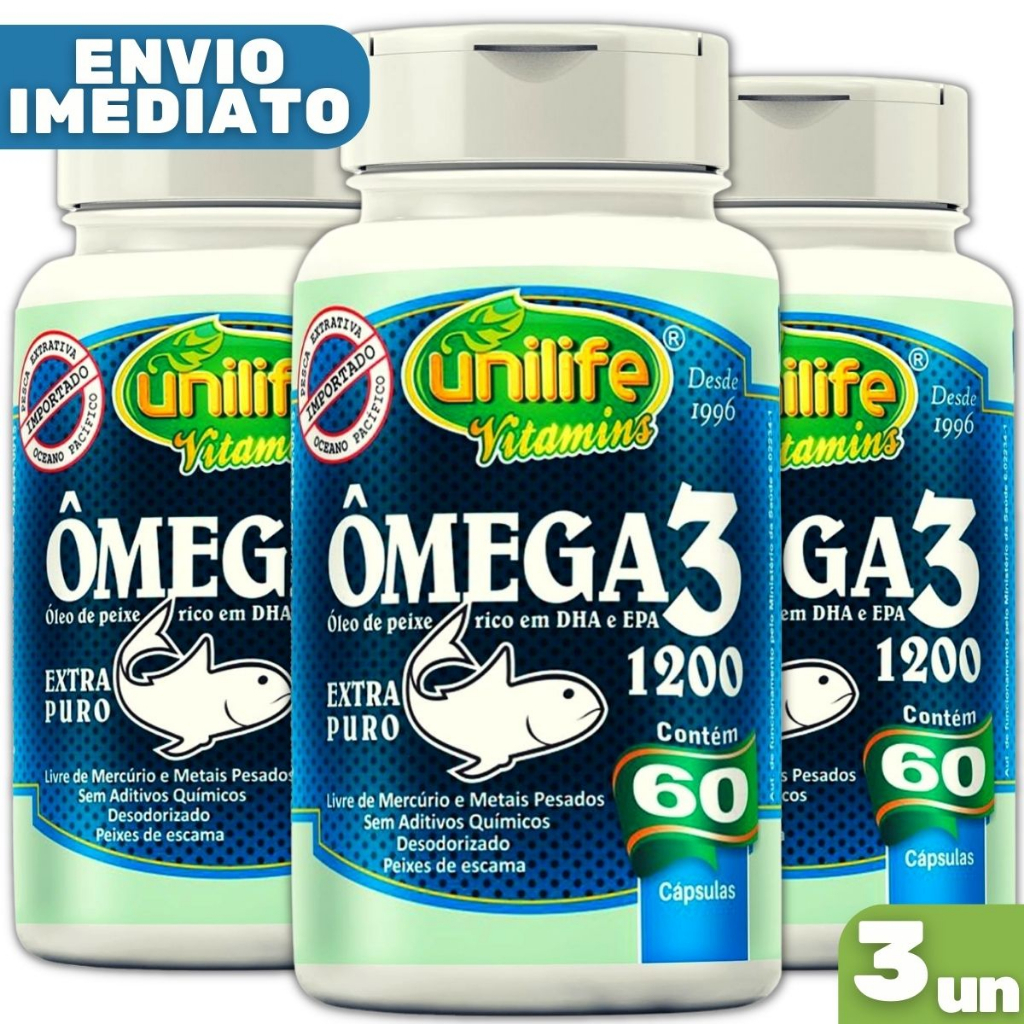 Kit 3 Ômega 3 Óleo de Peixe 100% Puro 60 Cápsulas 1200mg - Unilife