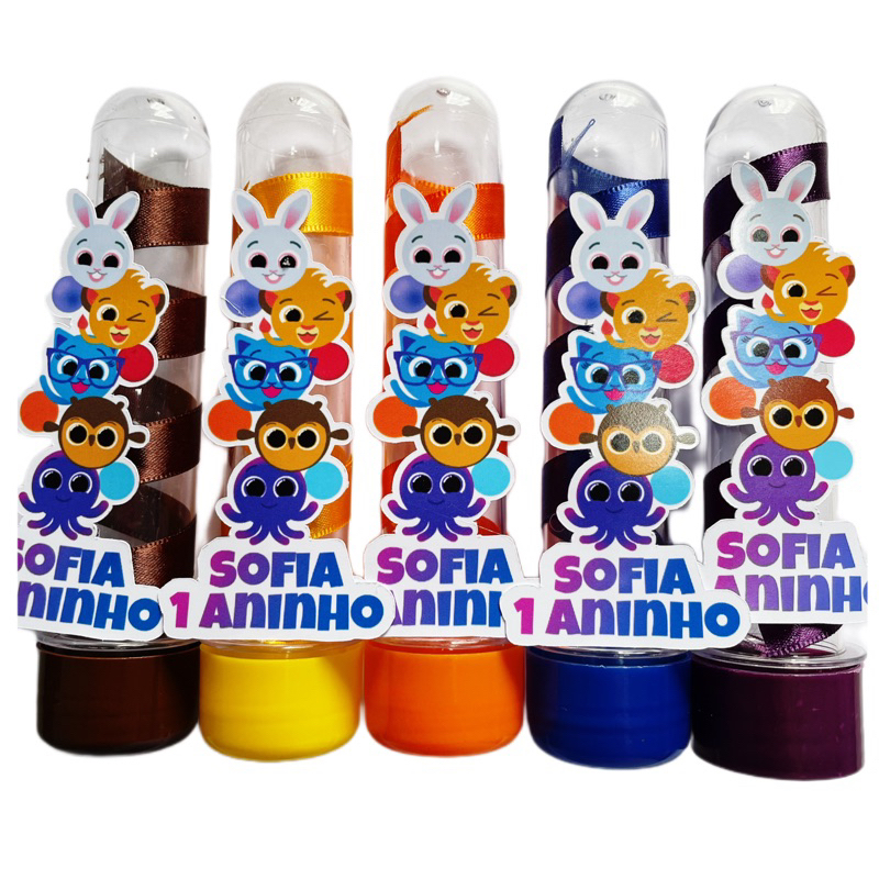 15 Tubetes 3D Personalizados com fita no Tema Bolofofos