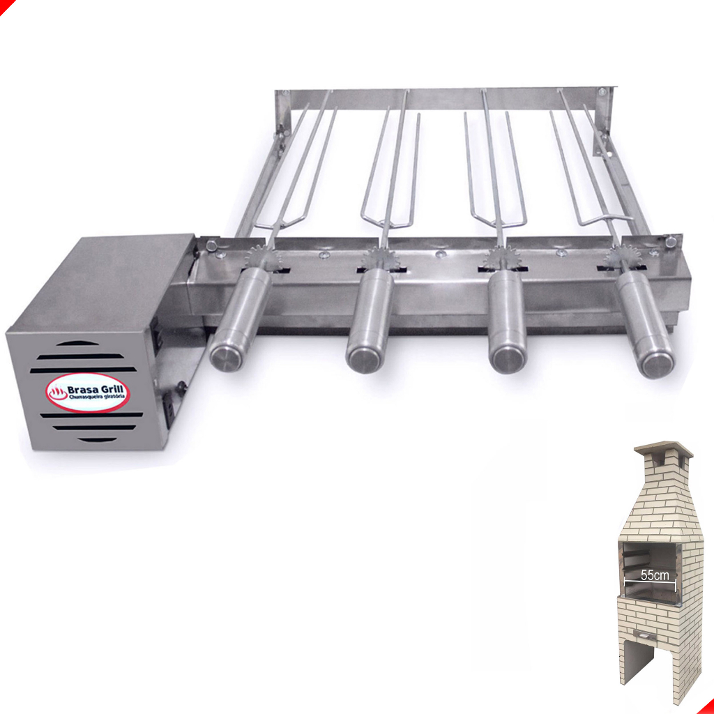 Kit Grill Inox Gira 4 Espetos Churrasqueira Pré Moldada 55cm Único Andar Brasa Grill