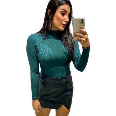 Blusa Cacharrel Gola Alta Feminino Manga Longa Blogueira Segunda Pele Malha Canelada Camiseta e Roupas Femininas