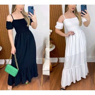 Vestido longo elastex alça e manguinha de amarrar