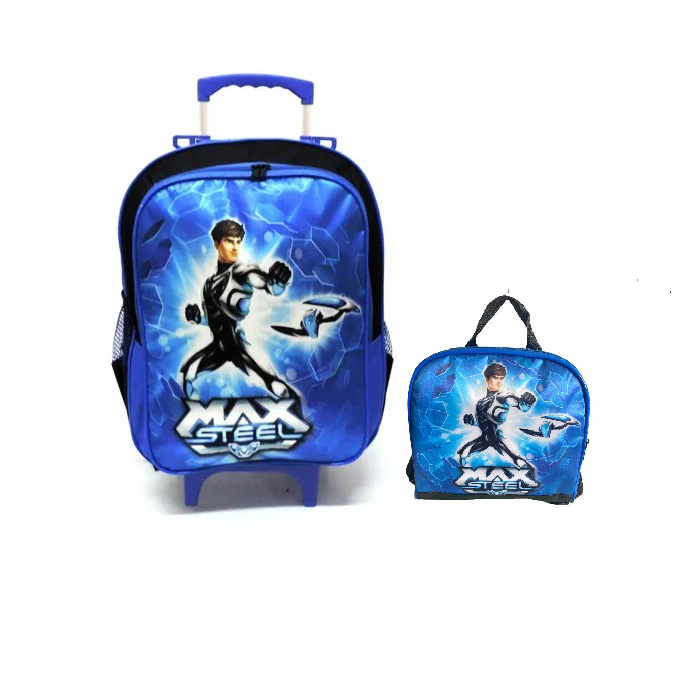 Kit Mochila Infantil Escolar Max Steel Azul Rodinhas G F2