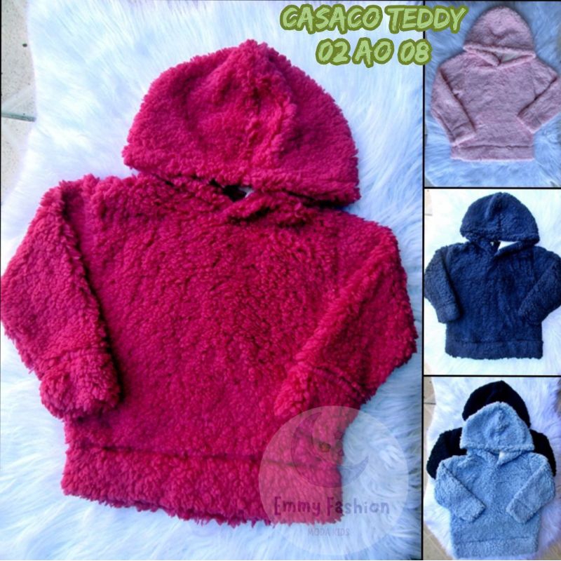 Casaco teddy infantil com capuz pelinhos carneirinho meninas meninos blusa de lã infantil