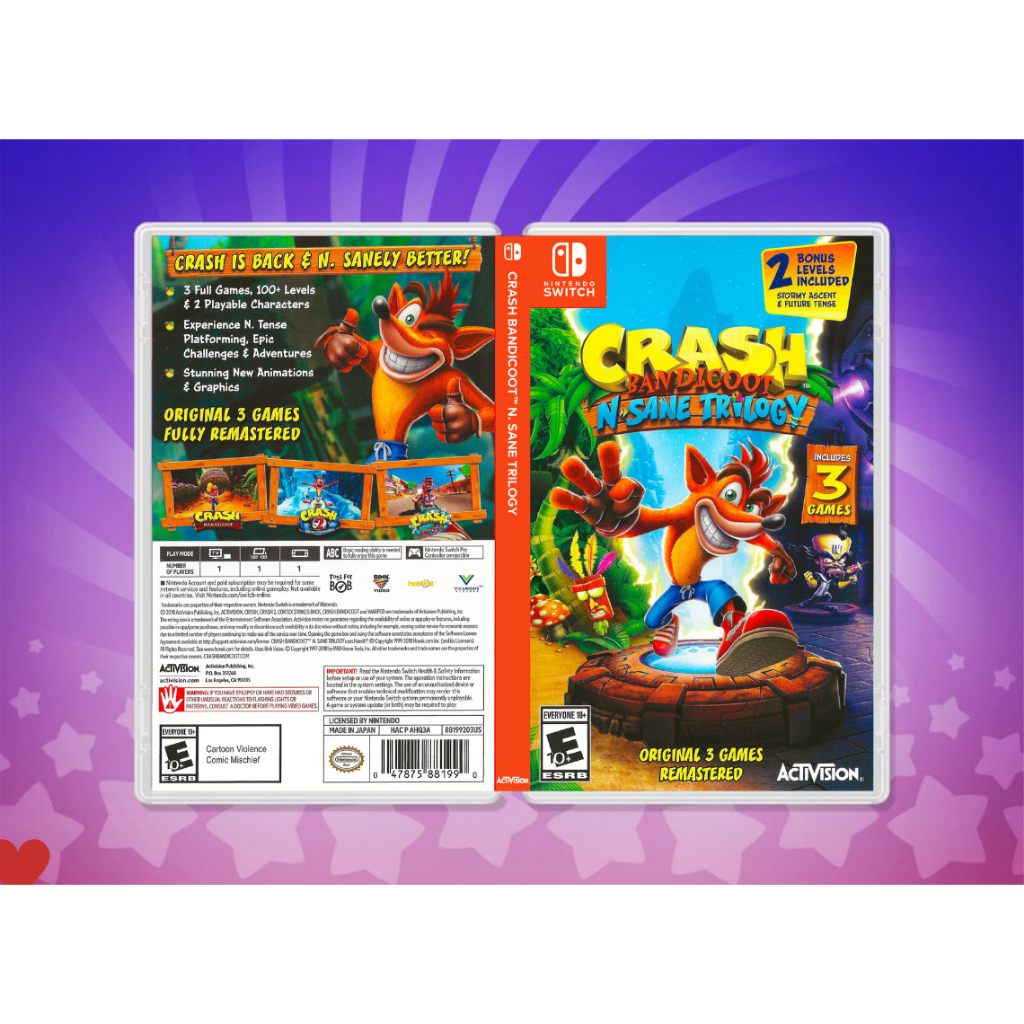 Crash Bandicoot Trilogy - Encarte Impresso - Nintendo Switch - Reposição de Capa Frente e Verso - Substituição de Capinha e Case / Caixa