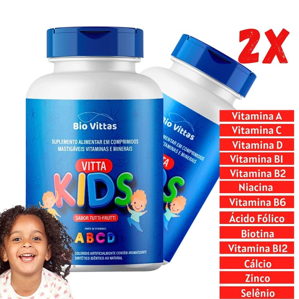 Vitamina Infantil Mastigável Imunidade Anemia - Kit 2x Frascos VittaKids Tutti-Frutti 60 Comprimidos - BioVittas