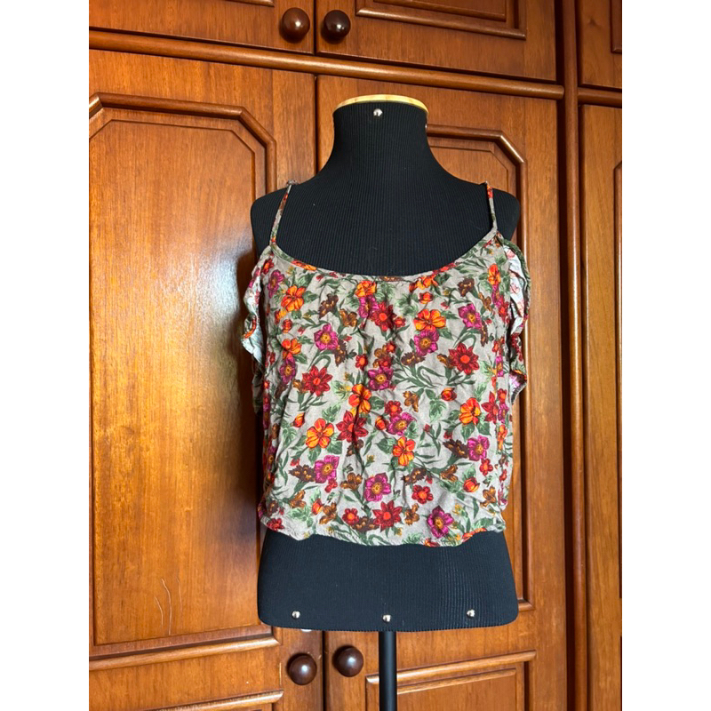Cropped Ciganinha TAM M Florida Floral Alça Romântica Verde Militar Blusa Curta, brechó