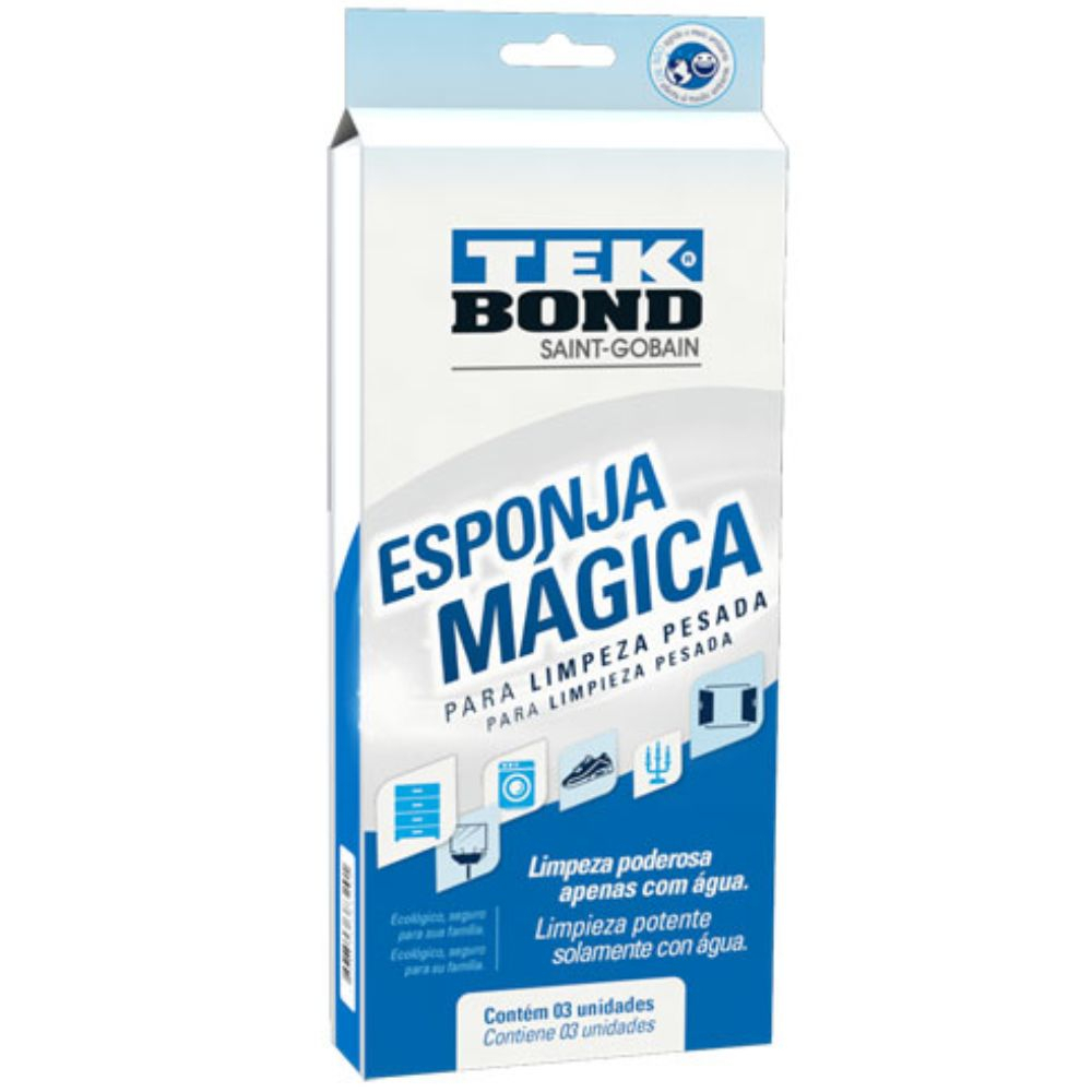 Esponja Mágica Tekbond c/ 3und. limpeza pesada, vidro, parede, cadeira, tênis, mesa, ceramica