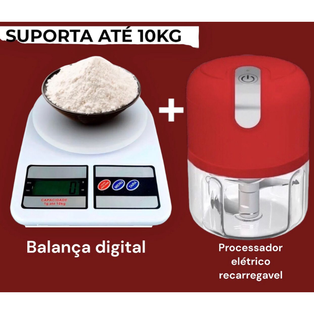 Conjunto Balança de Cozinha Digital 10kg + Processador Elétrico Recarregável 123 útil