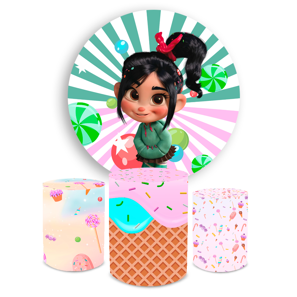 Kit Capa Painel 1,5 x 1,5 Trio Cilindro Aniversário Veste Fácil Vanellope Detona Ralph Candy Infantil Decoração