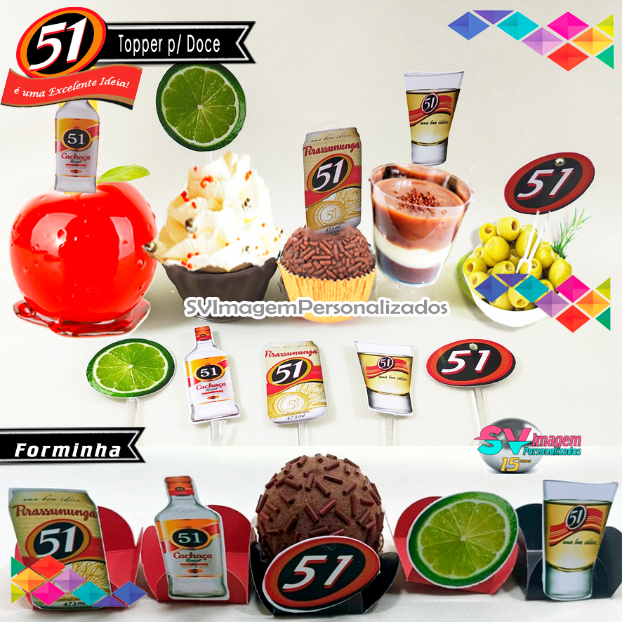 Festa Boteco 51 Cachaça Topper para doces e Forminha