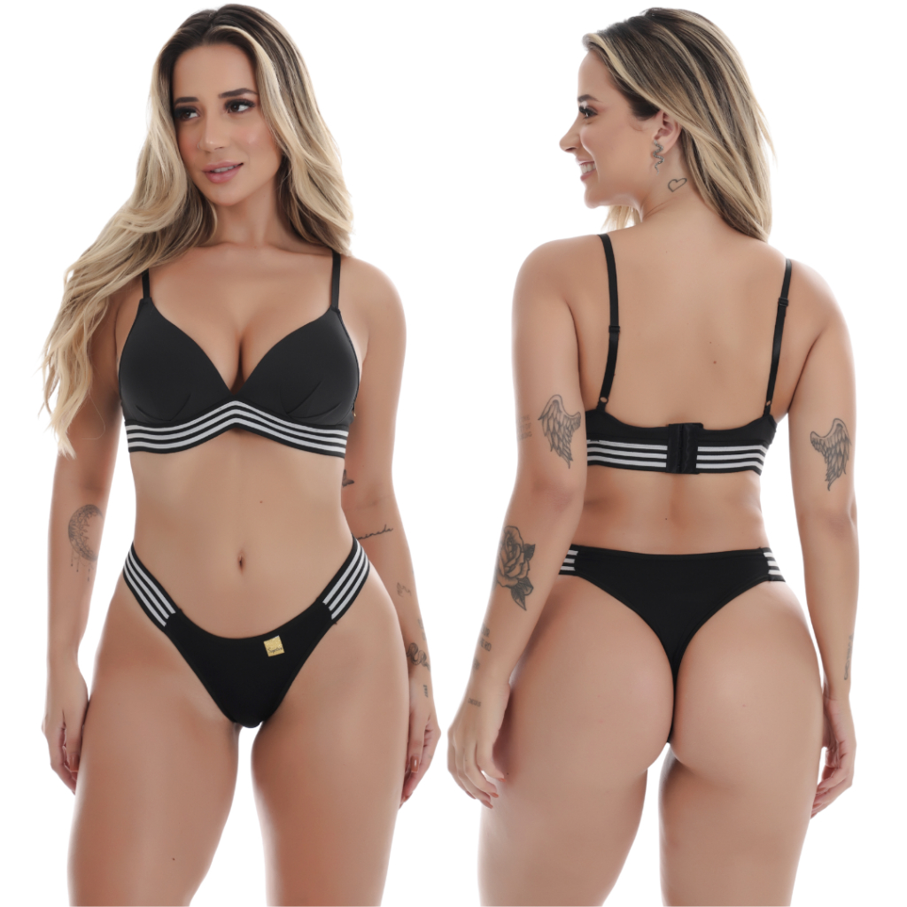 Conjunto Calcinha Soutien com Bojo Top Flex Super Macio e Confortável, Luxo Soutien Elástico Listrado.
