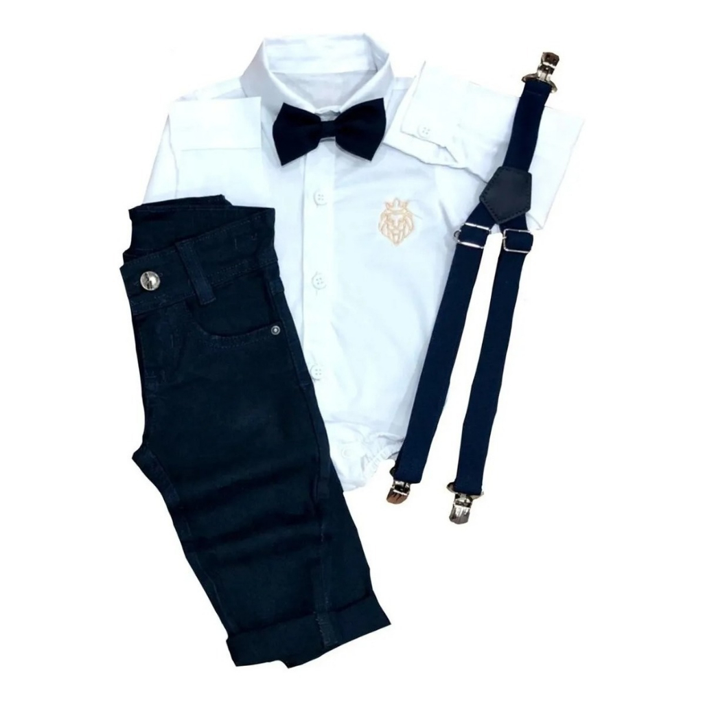 Conjunto Roupa Social Menino Bebê Festa C/ Gravata E Suspensório