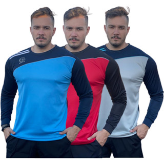 Kit 3 Camisa Esportiva Masculina Manga Longa Poliester Academia