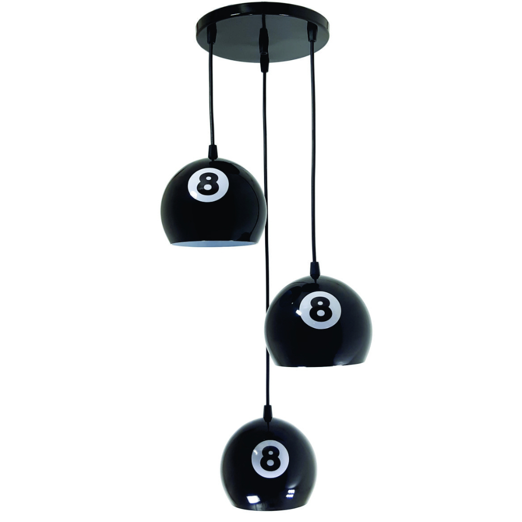 Luminária Lustre Pendente Tripla Bola 8 Vintage Preto Brilhante Mesa de Sinuca, Bilhar, Snooker, Area Gourmet, Bares, Barbearias, Studio, Varandas, Balcão, Mesa de Jogos, Sala de Estar e Jantar