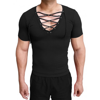 Camiseta Masculina Gola V Funda Com Cordão Manga Curta Sjons